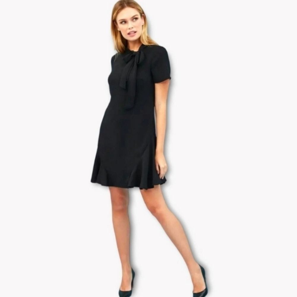 NWT Womens CeCe Bow Neck Short Sleeve Ruffle Hemline Black LBD Dress Size 0
